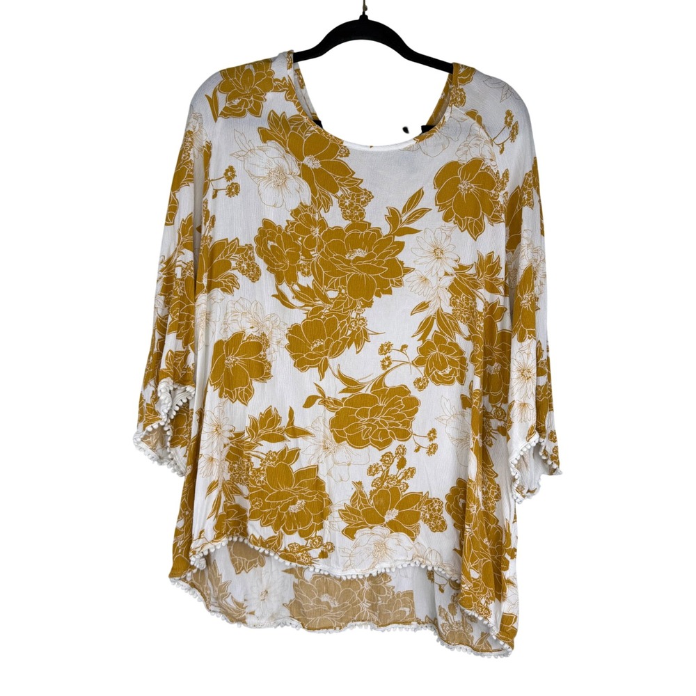 Mix by 41 Hawthorn Cottagecore Floral Blouse 2X Boho Mustard White Pom Trim Top